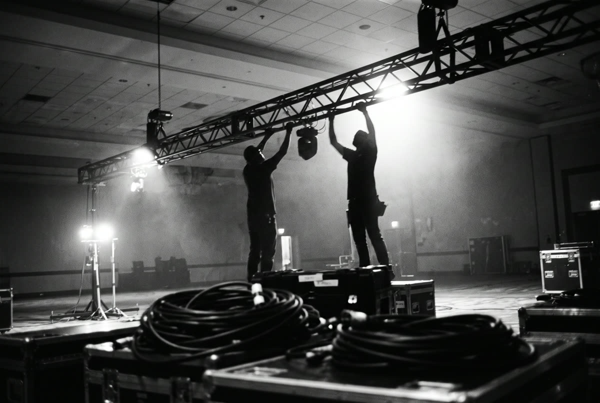 Crew rigging stage trusses and lights in an empty ballroom
